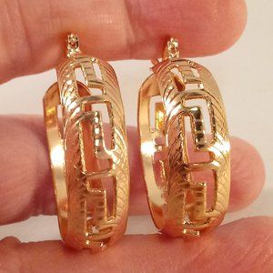 18K Yellow Gold Filled Greek Key Carved Textured Hoop Dangle Earrings Party Gift
